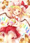  1girl blonde_hair bow candy cookie flandre_scarlet food hat hat_bow konpeitou lying mi_hitsuji mob_cap on_back open_mouth plate puffy_short_sleeves puffy_sleeves red_eyes shirt short_sleeves side_ponytail skirt skirt_set smile solo touhou vest wings wrist_cuffs 