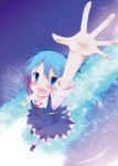  1girl blue_eyes blue_hair blush bow cirno from_above hair_bow ichihina open_hand open_mouth raised_hand short_hair solo touhou 