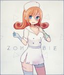  1girl ayu_(mog) bandages blue_eyes blue_skin blush breasts english long_hair looking_at_viewer no_pupils open_mouth orange_hair original solo stitches violet_eyes zombie 