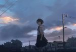  1girl bag brown_hair clouds cloudy_sky dark dusk hanno house neck_ribbon original power_lines profile ribbon school_bag school_uniform serfuku short_hair sky solo telephone_pole tree wind 