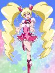  1girl blonde_hair boots choker cure_peach dress earrings eyelashes fresh_precure! frilled_dress frills grie hair_ornament happy heart heart_hair_ornament jewelry knee_boots kneehighs long_hair looking_at_viewer magical_girl momozono_love open_mouth pink_dress pink_eyes pink_legwear precure puffy_sleeves smile solo twintails 
