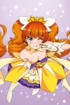  1girl ;q amanogawa_kirara bare_shoulders boots breasts choker cleavage cure_twinkle from_above gloves go!_princess_precure kazuma_muramasa long_hair looking_at_viewer magical_girl one_eye_closed orange_hair precure purple_background solo star starry_background thigh-highs thigh_boots tongue tongue_out twintails violet_eyes white_gloves white_legwear 
