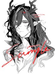  1boy arknights chest_tattoo closed_mouth collarbone commission cropped_shoulders dddddd_(ni989393) dragon_boy dragon_horns expressionless greyscale hair_between_eyes highres horns long_bangs long_hair looking_at_viewer male_focus monochrome multicolored_hair pointy_ears portrait red_pupils sample_watermark sideways_glance simple_background solo spot_color streaked_hair tattoo wang_(arknights) watermark wavy_hair white_background 