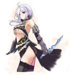  1girl ass black_legwear breasts colored dagger dual_wielding earrings fatkewell gauntlets jewelry large_breasts lavender_hair side_slit sketch tagme thigh-highs under_boob violet_eyes weapon 