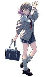  1girl arm_up bag baggy_socks black_footwear blue_bag blue_eyes blue_skirt bracelet breasts cardigan collared_shirt commentary_request ear_piercing full_body gradient_hair grey_cardigan grey_hair holding holding_bag jewelry loafers looking_at_viewer medium_breasts multicolored_hair multiple_rings necktie off_shoulder original piercing pink_hair pleated_skirt red_necktie ring saeki_shun school_uniform shirt shoes simple_background skirt socks solo white_background white_shirt white_socks 
