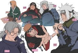  1girl 6+boys adjusting_eyewear akatsuki_uniform amegakure_symbol armor black_hair blonde_hair deidara_(naruto) dong2taku forehead_protector glasses green_kimono grey_hair highres iwagakure_symbol japanese_armor japanese_clothes jiraiya_(naruto) kimono konohagakure_shinobi_uniform konohagakure_symbol long_hair multiple_boys naruto_(series) naruto_shippuuden orange_hair pain_(naruto) rinnegan senju_hashirama senju_tobirama tsunade_(naruto) white_hair yakushi_kabuto 