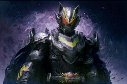  1boy absurdres animal_ears armor black_armor black_bodysuit bodysuit bujinsword_buckle cape desire_driver glowing highres kamen_rider kamen_rider_geats_(series) kamen_rider_tycoon kamen_rider_tycoon_bujinsword male_focus power_armor raccoon_ears raise_buckle red_eyes red_visor rider_belt shogun solo tokusatsu weapon yigor 