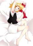  1girl bare_legs barefoot bed_sheet blonde_hair blouse blush bow fang from_above full_body hair_bow highres kameyan looking_at_viewer lying open_mouth red_eyes rumia short_hair solo sweat touhou vest 