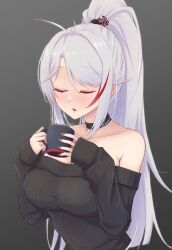  1girl alternate_costume alternate_hairstyle antenna_hair azur_lane bare_shoulders black_choker black_sweater blush breasts choker closed_eyes commentary commentary_request cross cup drinking eyelashes fingernails gradient_background grey_background hair_tie hands_up high_ponytail highres holding holding_cup iron_cross large_breasts long_hair long_sleeves multicolored_hair off-shoulder_sweater off_shoulder open_mouth parted_lips prinz_eugen_(azur_lane) red_nails redhead simple_background sleeves_past_wrists solo steam streaked_hair sweater swept_bangs upper_body very_long_hair waa!_okami white_hair 