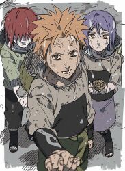  1girl 2boys brown_eyes dong2taku hair_over_eyes highres konan_(naruto) multiple_boys nagato_(naruto) naruto_(series) naruto_shippuuden orange_eyes orange_hair paper_flower purple_hair rain redhead toeless_footwear wet yahiko_(naruto) 