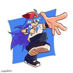 1girl ahoge artist_name backwards_hat baseball_cap black_footwear black_pants black_wrist_cuffs blue_background blue_hair border cosplay foreshortening full_body green_eyes hair_between_eyes hat highres holding holding_microphone izumi_konata limp_bizkit long_hair lucky_star microphone mole mole_under_eye open_mouth pants pogodoka red_hat shirt shoes short_sleeves simple_background solo t-shirt white_border white_shirt wrist_cuffs wristband 