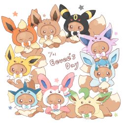  bright_pupils brown_eyes closed_eyes closed_mouth commentary cosplay dated eevee espeon espeon_(cosplay) flareon flareon_(cosplay) glaceon glaceon_(cosplay) highres hood hoodie jolteon jolteon_(cosplay) kana_(maple926) leafeon leafeon_(cosplay) looking_down lying no_humans one_eye_closed open_mouth pokemon pokemon_(creature) simple_background sitting sleeping smile standing star_(symbol) sylveon sylveon_(cosplay) umbreon umbreon_(cosplay) vaporeon vaporeon_(cosplay) white_background white_pupils 
