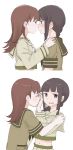  2girls 2koma bangs black_eyes black_hair blunt_bangs blush braid brown_hair chocotto715 comic hand_on_another&#039;s_face hands_on_another&#039;s_shoulders highres kantai_collection kitakami_(kantai_collection) long_hair midriff multiple_girls noses_touching ooi_(kantai_collection) silent_comic simple_background single_braid white_background yuri 