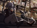  1girl bra dog eyepatch fence gas_mask hand_in_pocket jacket open_clothes open_jacket original scenery shoes shorts silver_hair sitting sneakers sword torigoe_takumi torii twintails underwear weapon yellow_eyes 