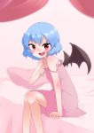  1girl :d bat_wings bed blue_hair blurry blush canopy_bed depth_of_field highres kameyan looking_at_viewer nightgown no_hat open_mouth pillow red_eyes remilia_scarlet short_hair sitting sleeveless smile solo strap_slip touhou wings 
