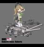  1girl absurdres animal_ears blonde_hair cat_ears character_name crab english green_eyes highres letterboxed neckerchief official_art photo_background pleated_skirt salute school_uniform serafuku side_ponytail sirills skirt solo thigh-highs turret zhan_jian_shaonu 