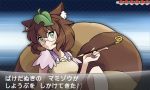  1girl animal_ears brown_hair fake_screenshot futatsuiwa_mamizou glasses green_eyes hacko kiseru leaf leaf_on_head parody pipe pokemon pokemon_(game) pokemon_xy raccoon_ears raccoon_tail smile style_parody tail touhou translation_request 