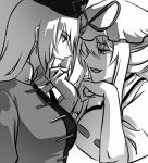  2girls backlighting breasts chin_rest ears eye_contact frown hair_up hand_on_another&#039;s_face hat hat_ribbon ktsis long_hair looking_at_another mob_cap monochrome multiple_girls neck nose nurse_cap out_of_frame ribbon smile touhou yagokoro_eirin yakumo_yukari 