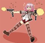  &gt;_&lt; 1girl blush_stickers casing_ejection closed_eyes dual_wielding extended_magazine eyebrows fangs firing glock gradient_hair gun handgun heart heart_in_mouth jacket leaning_back machine_pistol multicolored_hair muzzle_flash noconol original pink_hair pistol shell_casing shirt shorts solo striped striped_legwear thigh-highs weapon white_shirt 