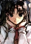  1girl black_hair blue_eyes creayus face_in_hands fate/stay_night fate_(series) long_hair smile solo tohsaka_rin toosaka_rin twintails 