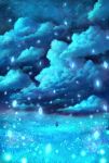  1girl blue bou_nin braid clouds cloudy_sky dress field grass highres light_particles long_hair night night_sky original scenery single_braid sky solo star_(sky) starry_sky 