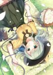  1girl adapted_costume basket blanket book bow flower grass green_eyes hat hat_bow jewelry key komeiji_koishi lying necklace nunucco on_back open_mouth petals puffy_short_sleeves puffy_sleeves rose shirt short_sleeves silver_hair skirt solo third_eye touhou white_rose 