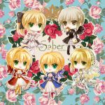  5girls ahoge blonde_hair chibi dual_persona fate/extra fate/extra_ccc fate/stay_night fate/unlimited_codes fate_(series) green_eyes kura_(subarule) multiple_girls multiple_persona saber saber_alter saber_bride saber_extra saber_lily yellow_eyes 