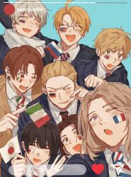  6+boys america_(hetalia) american_flag arms_up axis_powers_hetalia black-framed_eyewear black_hair black_jacket black_necktie blonde_hair blue_background blue_jacket blush brown_eyes brown_hair brown_jacket china_(hetalia) closed_eyes collared_shirt facial_hair flag france_(hetalia) french_flag german_flag germany_(hetalia) glasses green_eyes grey_hair hair_between_eyes hands_up happy heart highres hkym_kk holding holding_flag italian_flag jacket japan_(hetalia) japanese_flag lapels light_brown_hair long_sleeves looking_at_another looking_at_viewer male_focus multiple_boys necktie northern_italy_(hetalia) one_eye_closed open_clothes open_jacket open_mouth people&#039;s_republic_of_china_flag red_necktie russia_(hetalia) russian_flag scarf semi-rimless_eyewear shirt short_hair simple_background smile squeezing_cheeks striped_necktie sweatdrop teeth union_jack united_kingdom_(hetalia) upper_body v-shaped_eyebrows violet_eyes white_scarf white_shirt 
