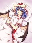  1girl bat_wings blue_hair blush bow hat hat_bow lying on_back red_eyes remilia_scarlet rimibure sash solo touhou wings wrist_cuffs 