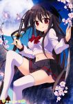  1girl :q absurdres black_hair braid breasts cherry_blossoms full_moon highres in_tree katana kiseri_momo moon navel red_eyes school_uniform sitting sitting_in_tree sword thigh-highs tongue tongue_out tree two_side_up weapon white_legwear 