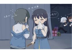  @_@ bang_dream! bang_dream!_it's_mygo!!!!! belt black_belt black_hair black_shirt blue_jacket blush brh brown_hair chinese_commentary chinese_text closed_eyes commentary_request cone_hair_bun drumsticks earrings gift grey_hair hair_bun highres holding holding_drumsticks jacket jewelry kurata_mashiro letterboxed long_hair mole mole_under_eye off_shoulder see-through_clothes see-through_sleeves shiina_taki shirt short_hair short_sleeves sidelocks takamatsu_tomori toyama_kasumi translation_request white_hair white_shirt wiping_nose 