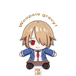  1girl :q artist_logo blue_jacket blush_stickers brown_hair brown_skirt character_doll chibi collared_shirt commentary english_text full_body fumo_(doll) furrowed_brow hair_over_one_eye heaven_burns_red highres jacket kayamori_ruka logo long_sleeves looking_at_viewer necktie open_clothes open_jacket plaid_clothes plaid_skirt poklow red_eyes red_necktie school_uniform shirt short_hair simple_background skirt solo tongue tongue_out white_background white_shirt 