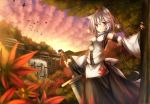  1girl animal_ears bird building clouds cloudy_sky crow detached_sleeves hat inubashiri_momiji leaf looking_at_viewer minamina outdoors parted_lips pom_pom_(clothes) red_eyes ribbon-trimmed_clothes ribbon_trim shirt short_hair silver_hair skirt sky solo standing sword tail tokin_hat touhou tree water water_wheel waterfall weapon wolf_ears wolf_tail 