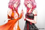  1girl bare_shoulders breasts center_opening cleavage closed_eyes detached_sleeves dress dual_persona elbow_gloves fingerless_gloves gloves guilty_crown hair_ornament hairclip long_hair navel open_mouth pink_hair red_eyes solo twintails yuzuriha_inori 