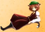  1girl animal_ears bow brown_eyes brown_hair cat_ears cat_tail chen clses frilled_skirt frills hat multiple_tails shirt short_hair skirt tail touhou two_tails vest 
