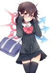  1girl :o adapted_costume ahoge asymmetrical_wings bag black_legwear blush brown_hair collared_shirt contemporary glasses highres houjuu_nue igakusei miniskirt pleated_skirt pointy_ears red_eyes school_uniform semi-rimless_glasses skirt sleeves_past_wrists sweater thigh-highs touhou wings 