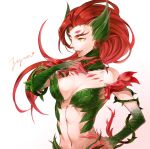  1girl bare_shoulders breasts character_name flower hand_on_hip hikarusorano league_of_legends long_hair navel redhead rose solo vines yellow_eyes zyra 