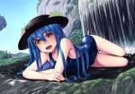  1girl blue_hair blush brown_eyes clouds food fruit h_kasei hat hinanawi_tenshi long_hair looking_at_viewer lying on_stomach open_mouth red_eyes sky smile solo touhou water waterfall 