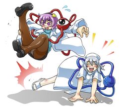  2girls black_legwear dupp_akiru flying_sweatdrops hairband hat heart komeiji_koishi komeiji_satori labcoat multiple_girls nurse nurse_cap panties panties_under_pantyhose pantyhose pantyshot purple_hair short_hair silver_hair sweeping thighband_pantyhose third_eye touhou tripping underwear white_legwear 