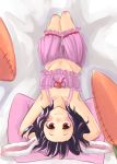  1girl animal_ears arms_behind_head arms_up black_hair bloomers blush bra from_above inaba_tewi looking_at_viewer lying mana_(gooney) midriff navel on_back pillow pink_bra rabbit_ears red_eyes solo touhou underwear underwear_only upside-down 