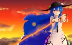 1girl blue_hair blurry blush clouds cowboy_shot depth_of_field food foreshortening fruit hat hinanawi_tenshi kameyan long_hair long_skirt looking_at_viewer peach red_eyes skirt solo sunset sword_of_hisou touhou very_long_hair wind