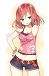  1girl belt blush bracelet breasts cleavage hand_on_hip highres jewelry looking_at_viewer love_live!_school_idol_project midriff navel nishikino_maki redhead short_hair short_shorts shorts sky_(freedom) solo strap_slip tongue tongue_out violet_eyes 