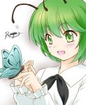  1girl :d antennae artist_name blouse butterfly frilled_sleeves frills green_eyes green_hair insect open_mouth rasupu short_hair smile touhou wriggle_nightbug 