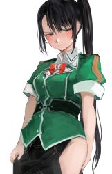  1girl 73suke absurdres black_hair blush bow bowtie brown_eyes commentary_request cosplay cowboy_shot green_jacket highres jacket kantai_collection long_hair military_uniform nachi_(kancolle) nose_blush pelvic_curtain red_bow red_bowtie side_ponytail simple_background solo tone_(kancolle) tone_(kancolle)_(cosplay) tone_kai_ni_(kancolle) tone_kai_ni_(kancolle)_(cosplay) white_background 