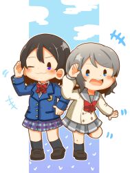  2girls :d ;3 arm_up black_footwear black_hair black_socks blazer blue_eyes blue_jacket blue_sky blush bow bowtie buttons clouds collared_shirt commentary_request cousins diagonal-striped_bow diagonal-striped_bowtie diagonal-striped_clothes double-breasted dress_shirt gentaro_(g_teall) grey_hair highres jacket loafers long_sleeves looking_at_viewer love_live! love_live!_sunshine!! love_live!_sunshine!!_the_school_idol_movie_over_the_rainbow miniskirt multiple_girls one_eye_closed open_mouth outline outside_border pillarboxed plaid_clothes plaid_skirt pleated_skirt red_bow red_bowtie salute school_uniform serafuku shirt shoes short_hair skirt sky smile socks striped_clothes teeth upper_teeth_only uranohoshi_school_uniform violet_eyes watanabe_tsuki watanabe_you white_outline white_shirt winter_uniform 