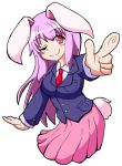  1girl animal_ears blazer blush breasts bunny_tail finger_gun lavender_hair long_hair looking_at_viewer one_eye_closed rabbit_ears red_eyes reisen_udongein_inaba simple_background skirt smile solo tail touhou white_background 