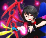  1girl ahoge asymmetrical_wings black_hair bowtie cowboy_shot dress energy_ball fang holding houjuu_nue kameyan open_mouth polearm red_eyes short_hair snake solo thigh-highs touhou trident weapon wings wrist_cuffs 
