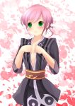  1girl alternate_hairstyle belt cosplay estellise_sidos_heurassein green_eyes highres jacket pink_background pink_hair ponytail sakuno_ririsu short_hair solo tales_of_(series) tales_of_vesperia yuri_lowell yuri_lowell_(cosplay) 