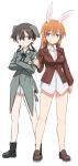  2girls animal_ears bare_legs black_hair blue_eyes blush boots breasts charlotte_e_yeager crossed_arms dog_ears dog_tail gertrud_barkhorn large_breasts long_hair looking_at_viewer low_twintails military military_uniform multiple_girls orange_hair rabbit_ears shimada_fumikane short_hair simple_background smile strike_witches tail twintails uniform white_background 