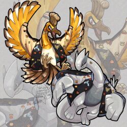  animal_focus bird character_print closed_mouth clothed_pokemon grey_background hashtag-only_commentary ho-oh jacket lugia no_humans open_clothes open_jacket open_mouth pokemon pokemon_(creature) sagemaru-br signature tongue watermark zoom_layer 